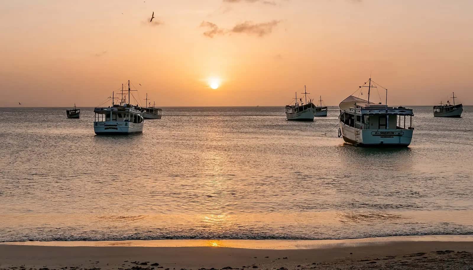 Sunset over the bay of Juan Griego with fishing boats, Margarita Island